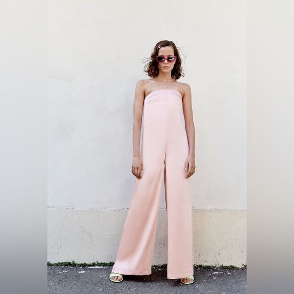 ZARA strapless satin effect jumpsuit pale pink - Picture 11 of 11